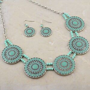Turquoise Enameled 18 Inch Statement Necklace and Earrings in Silvertone